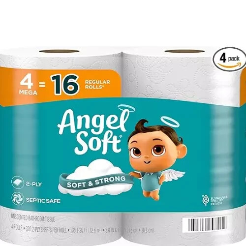 Angel Soft Toilet Paper, 4 Mega Rolls = 16 Regular Rolls, Soft and Strong Toilet
