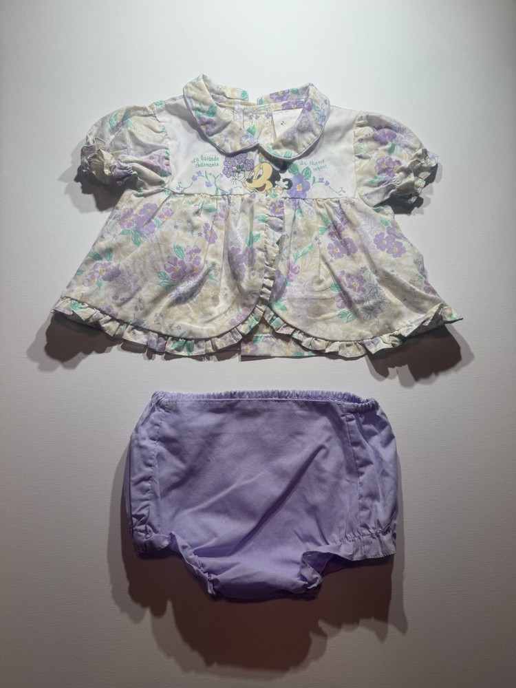 Vintage Disney Minnie Mouse Baby Outfit Floral Top Bloomer Set Size 6 Months