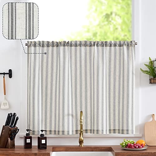 Striped Linen Kitchen Curtain 50x36 Inches Black on Beige