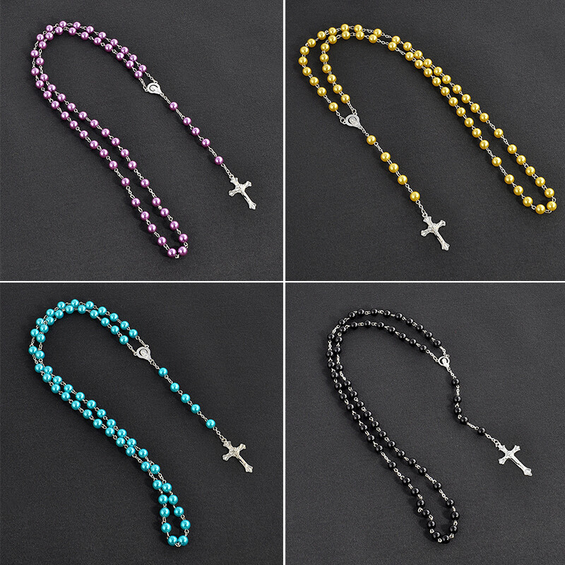 Imitation Pearl Cross Rosary Necklace Unisex Popular Jewelry