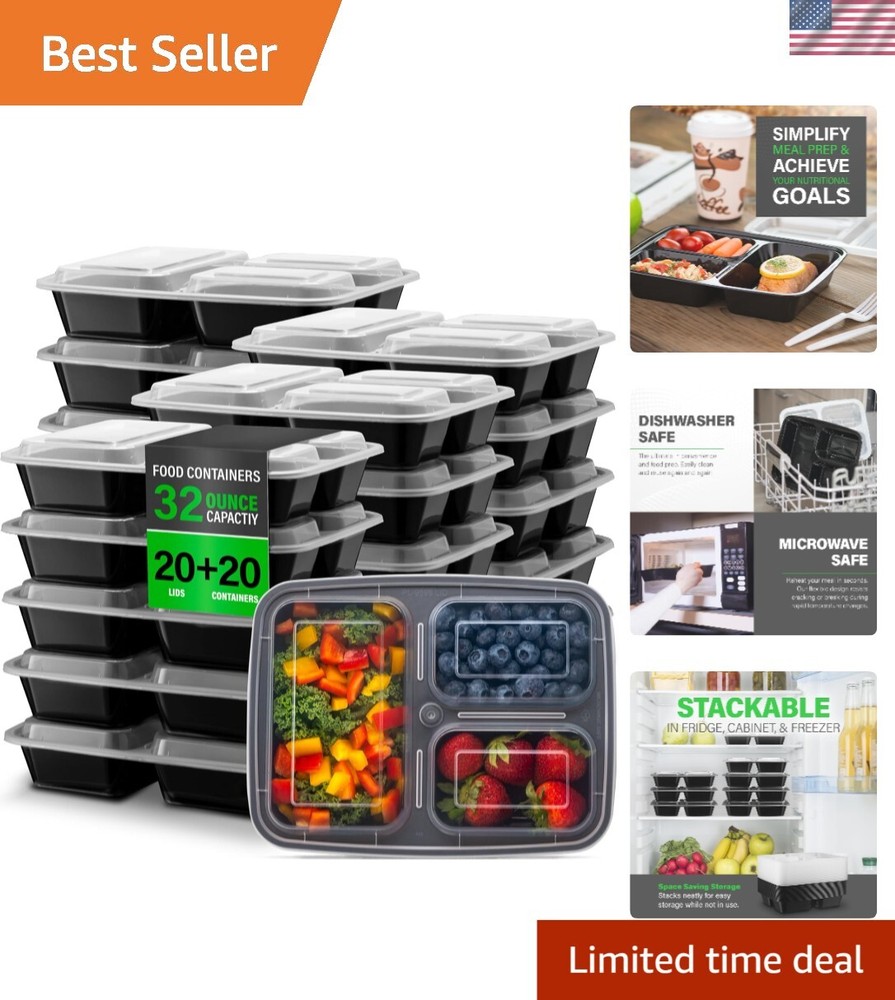 32oz 3-Compartment Meal Prep Containers - Microwave & Dishwasher Safe & Stackable