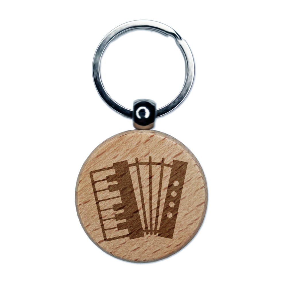 Classic Accordion Music Engraved Wood Round Keychain Tag Charm