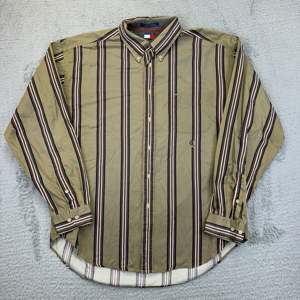 Vintage Tommy Hilfiger Colorblock Stripe Polo Crest XXL Brown