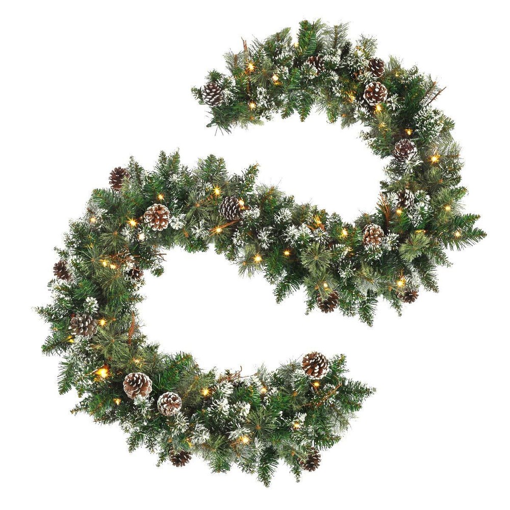 9 FT Prelit Christmas Garland with Pine Cones, Artificial Snowy Pine Garland ...