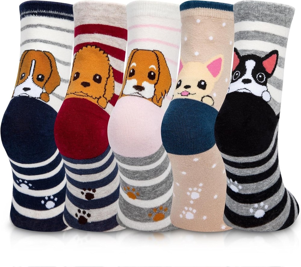 YSense Cute Animal Crew Socks 5 Pairs Novelty Cotton Cat Dog Socks for Women