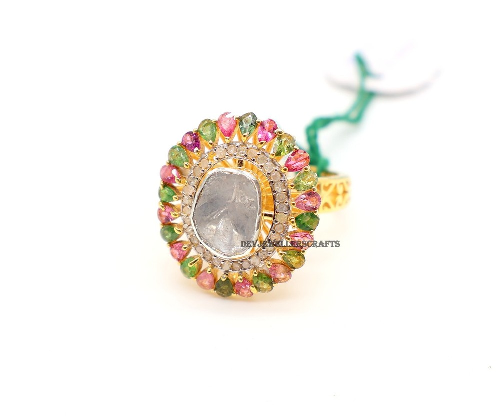 925 Sterling Silver Multicolor Tourmaline Rose Cut Polki Pave Diamond Ring