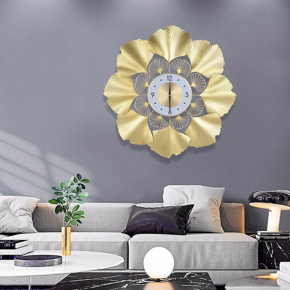70cm Gold Ginkgo Biloba Wall Clock Large Round Home Decor Living Room