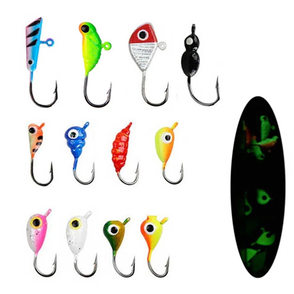 12Pcs Ice Fishing Lures Kit Jig Head Hooks for Crappie Bass Panfish Winter