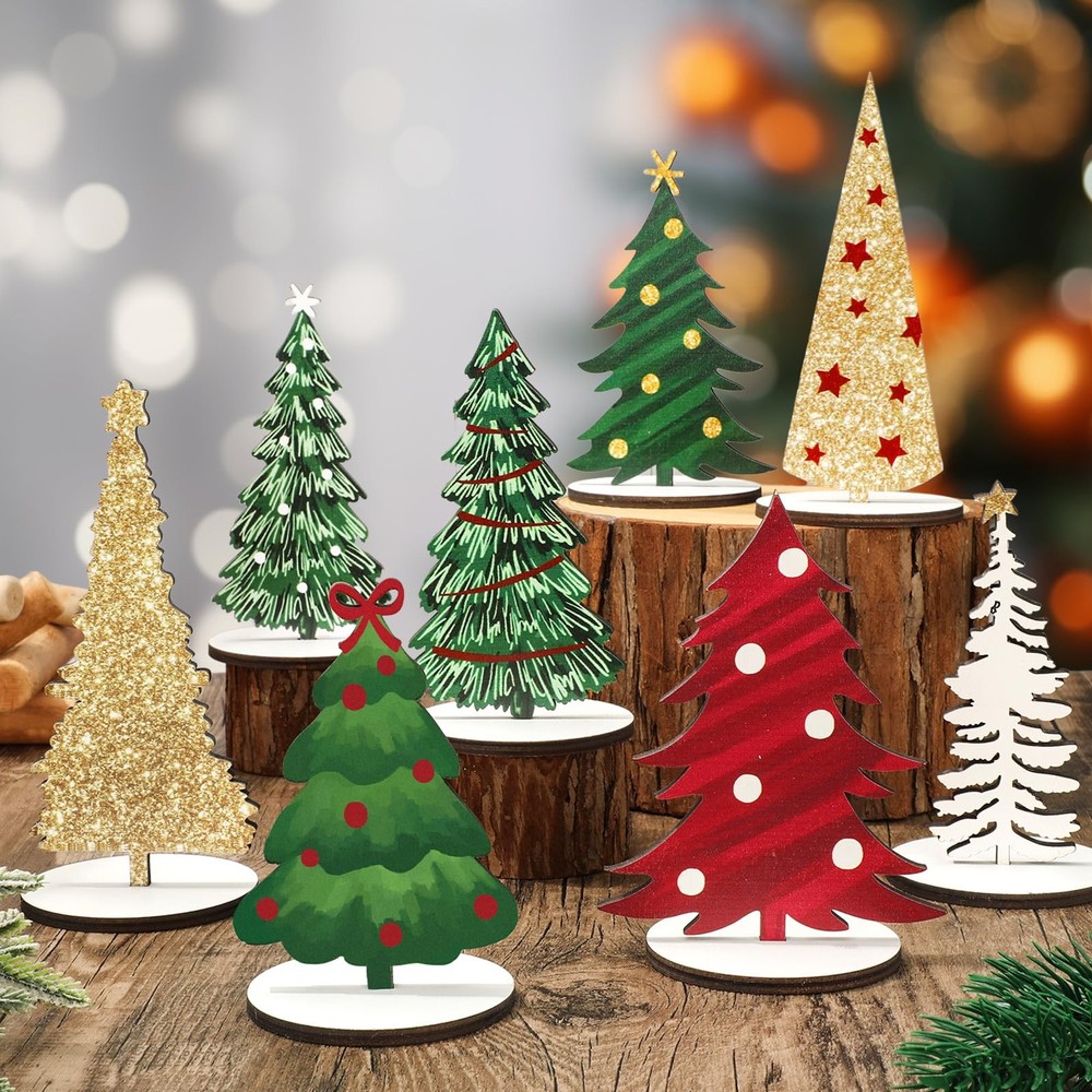8-Piece Rustic Wooden Christmas Tree Table Signs for Tiered Trays and Centerpieces