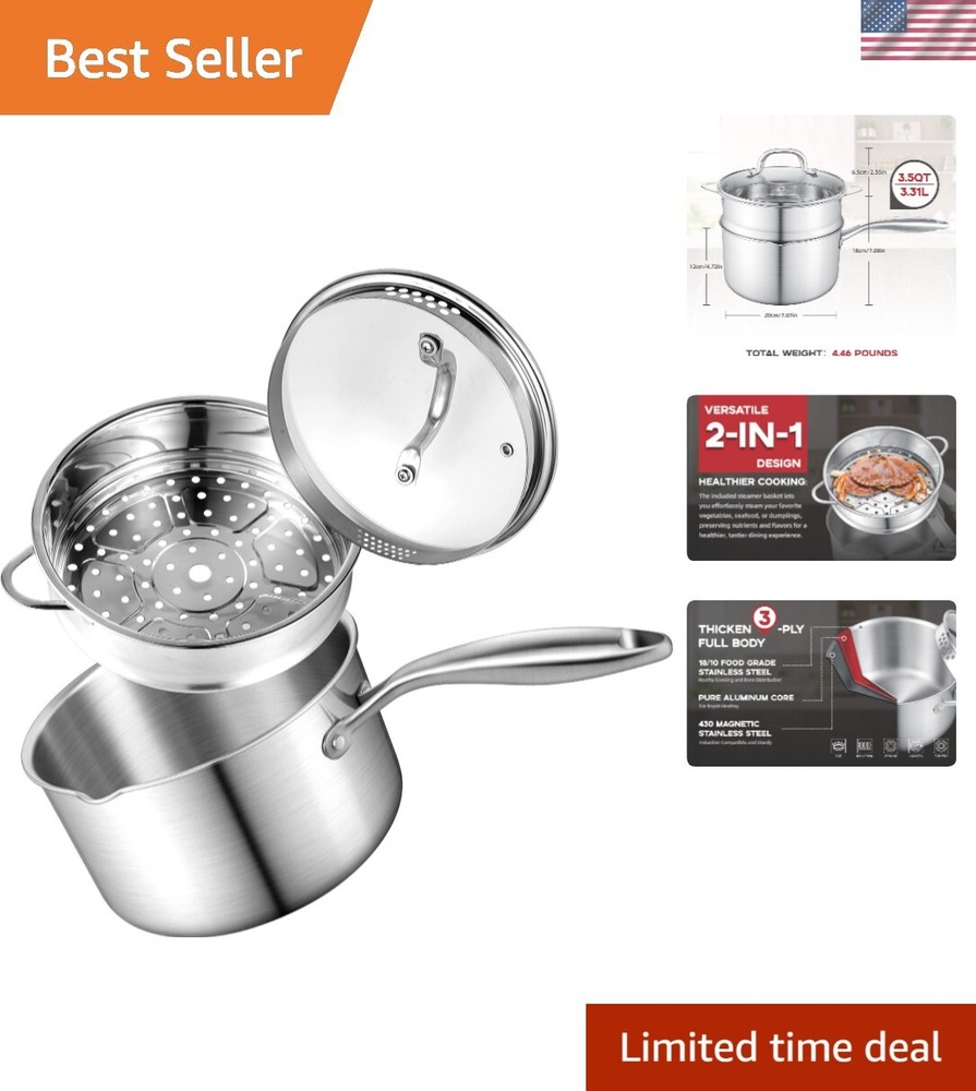 3.5 Quart Tri-Ply Stainless Steel Saucepan with Steamer Basket