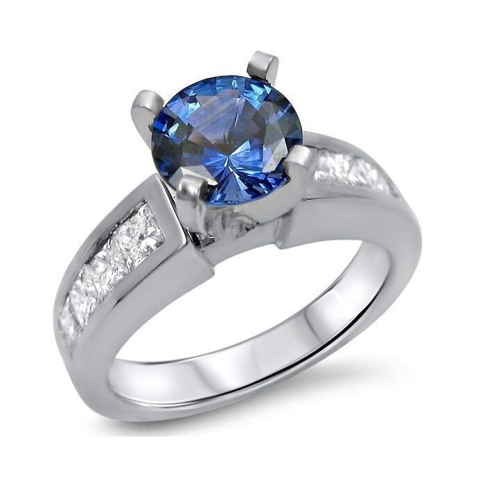 2.50 Ct Round Natural Sapphire & Diamond Engagement Ring in 14K White Gold Size 6