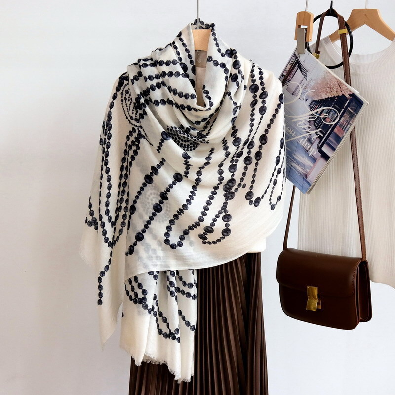Pure 200s Cashmere Scarf Wrap Shawl Pearls Print Thin Soft Delicate 78