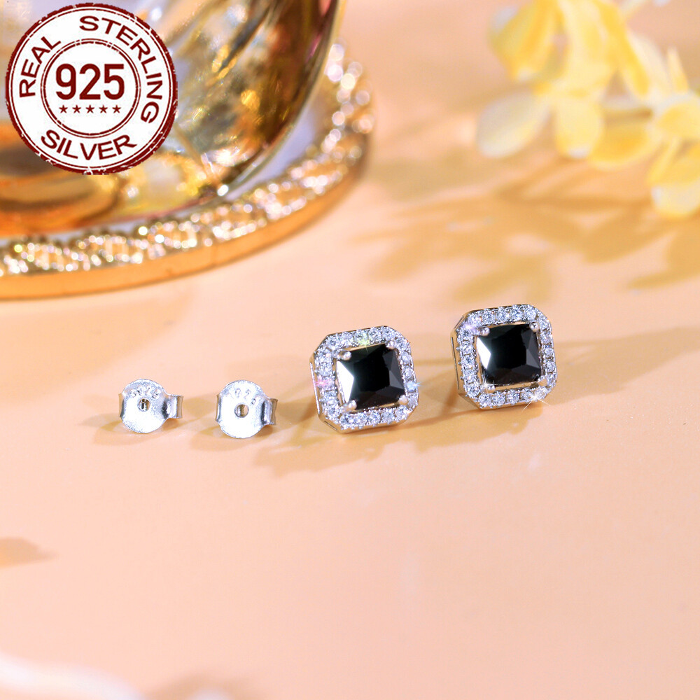 925 Sterling Silver Black CZ Square Stud Earrings for Bridal & Fashion