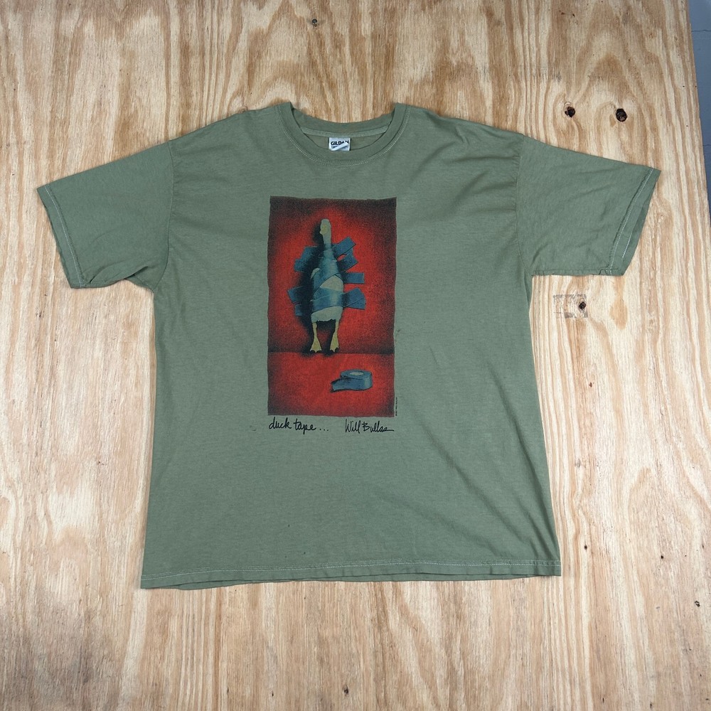 Vintage Gildan Duck Tape by Will Bullas Art Graphic T-shirt Men's XL Green 90s