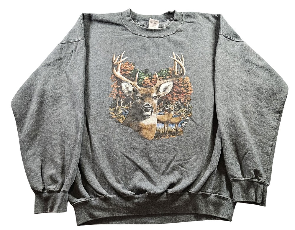 Deer Buck Sweatshirt Mens Extra Large Green Gildan Heavy Blend Crewneck Hunting