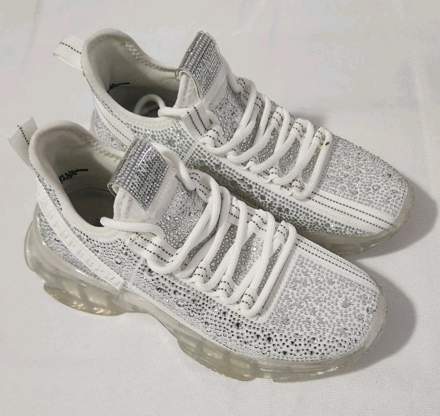 Steve Madden Maxima-P Women's Sneakers White Glass Rhinestones 7M Bling Glam