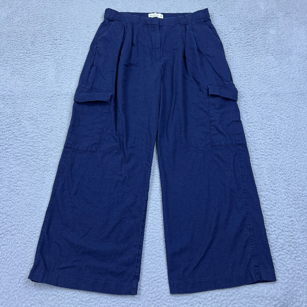 Abercrombie & Fitch Cargo Pants Wide Leg Linen Blend Medium Navy Blue Pull On