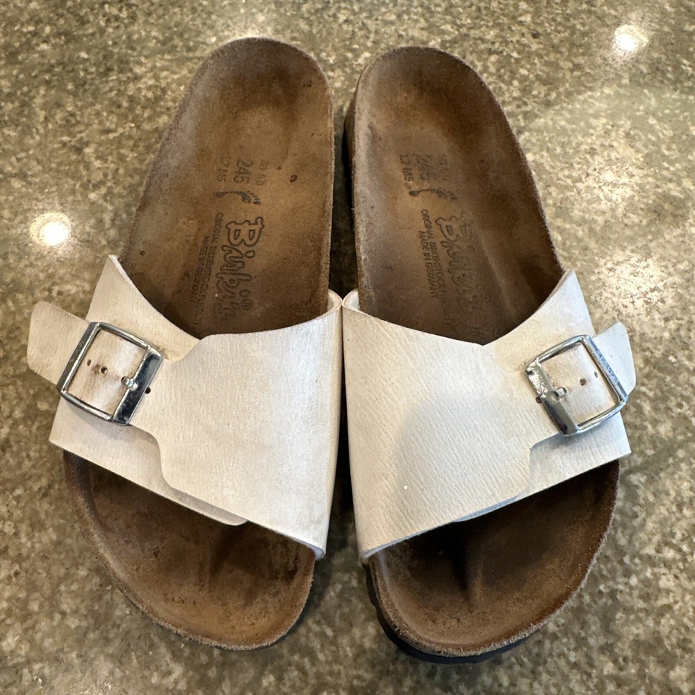 Birkenstock Birkis White Leather Slip-on Sandal Buckle Womens 7 EU38