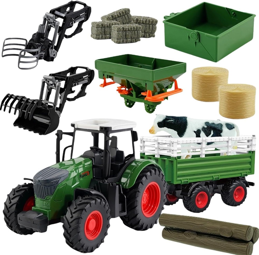 16.5 Inch 1/24 Scale Farm Tractor Playset with Trailer and Gripper Front Loader