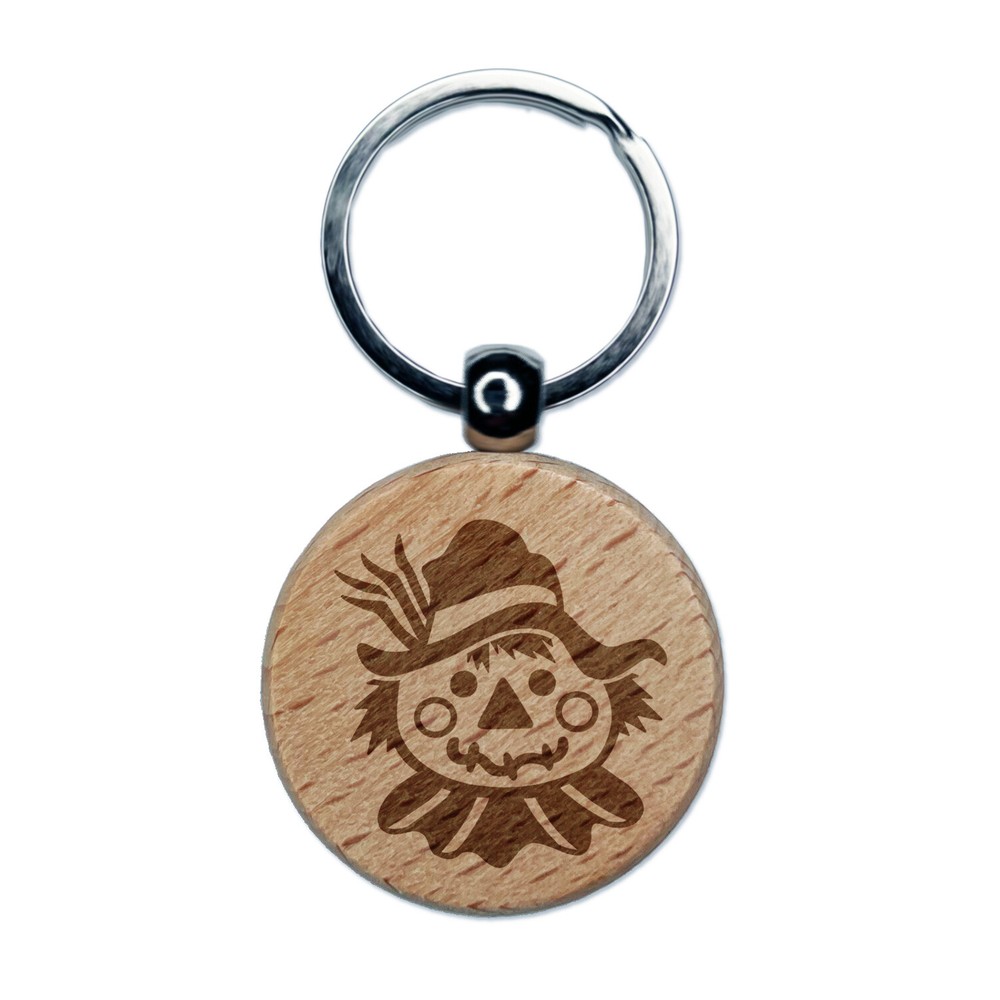 Scarecrow Head Fall Autumn Engraved Wood Round Keychain Tag Charm