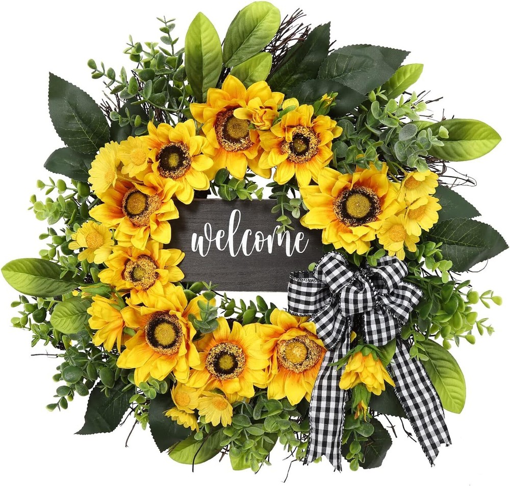 Sunflower Welcome Wreath for Spring Summer Front Door Decor