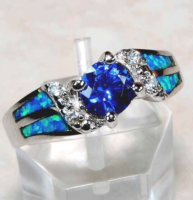 2CT Treated Sapphire & Opal Inlay Sterling Silver Ring Sz 7 BA1