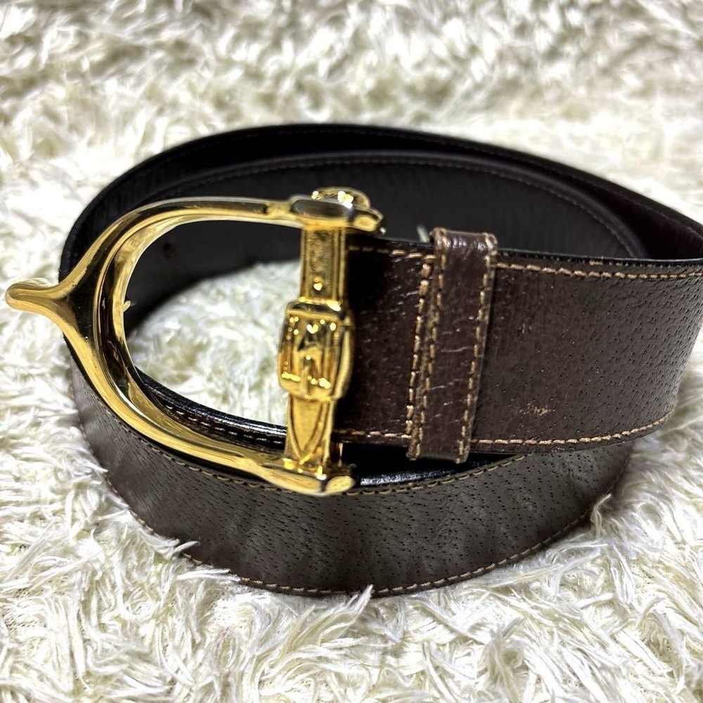 Authentic GUCCI Leather Belt Brown Gold Hardware Made in Italy Unisex Pre-Owned