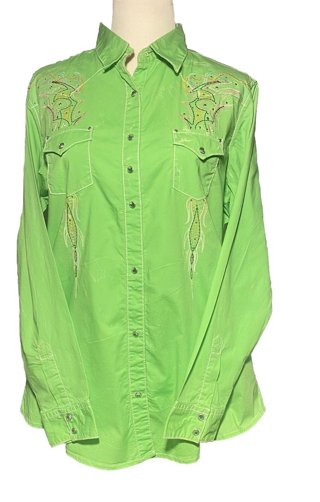 Wrangler Rock 47 Womens XL Lime Green Studded Western Snap Shirt Y2K Style