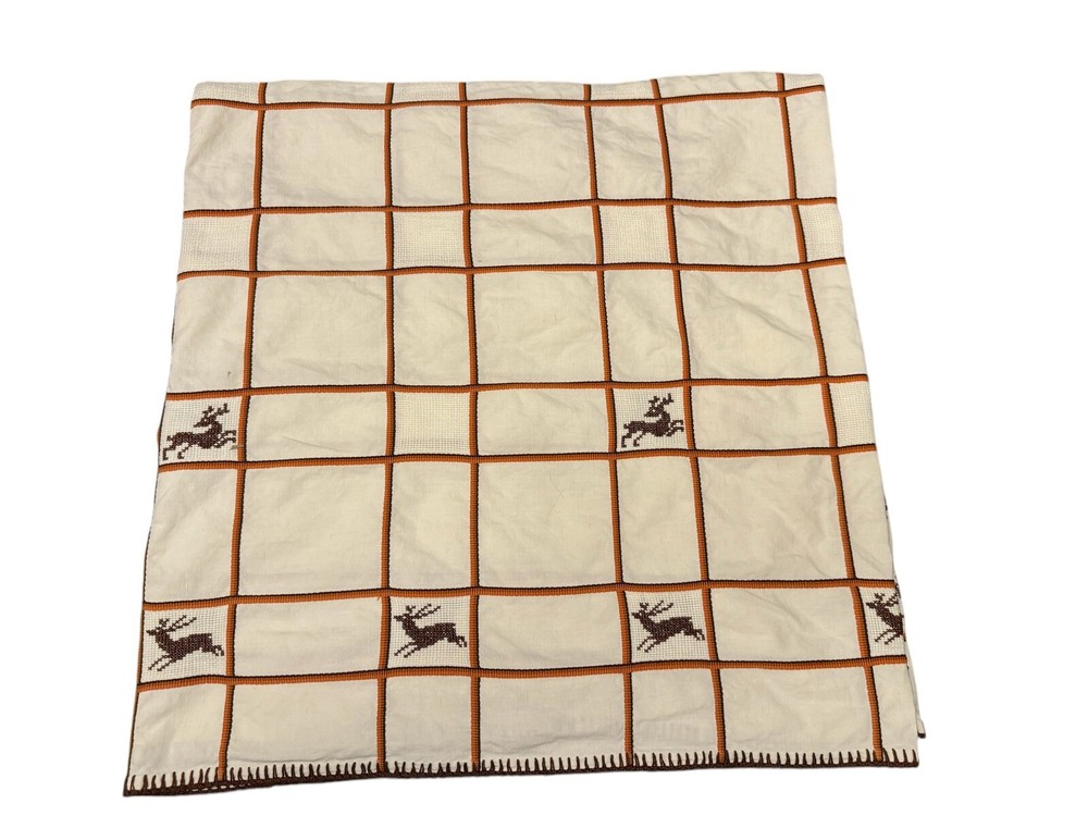 Vintage Crosstitch Farmhouse Reindeer Holiday Winter Tablecloth 94” x 50”
