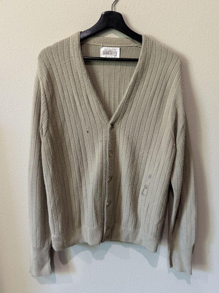 Vintage Lord Jeff Sweater Mens Medium Beige Button Cardigan Orlon Knit USA 80s