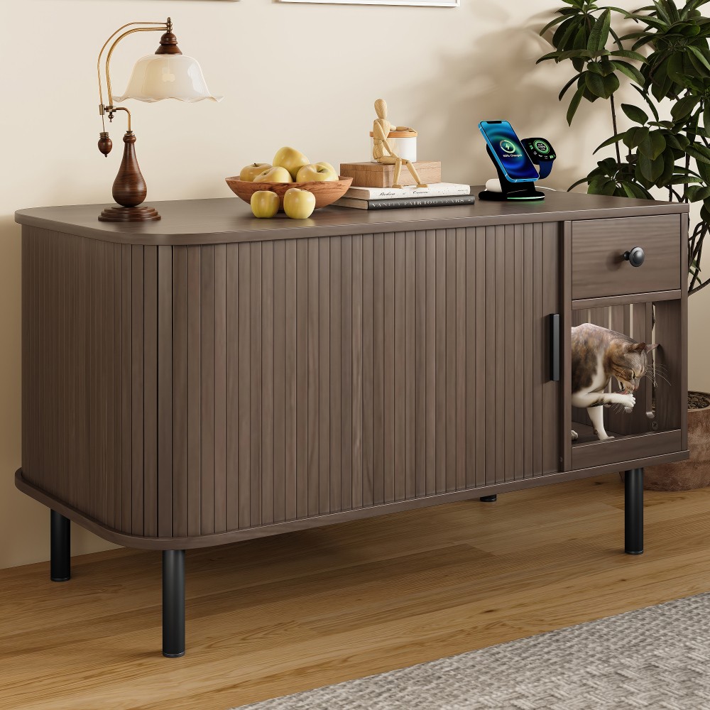 Cat Litter Box Enclosure with Sliding Door Storage Drawer and Charging Station