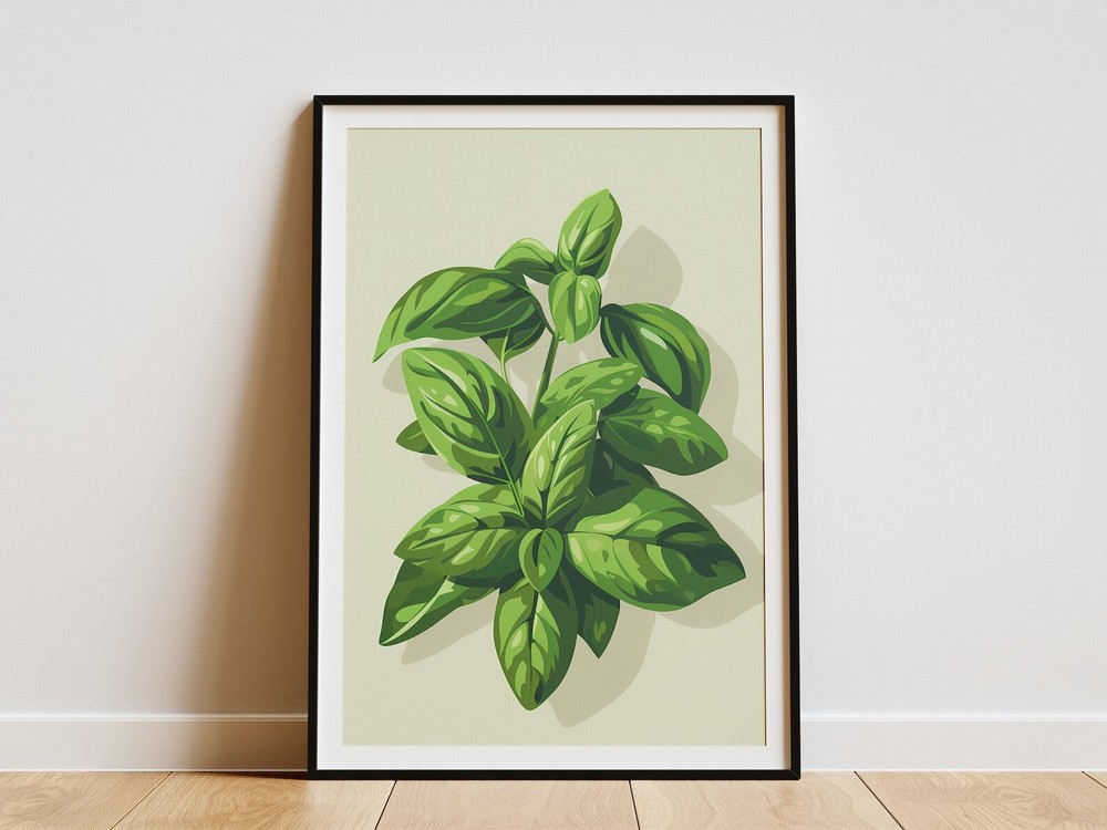 Minimalist Basil Print Botanical Wall Art Kitchen Decor Green Plant Poster