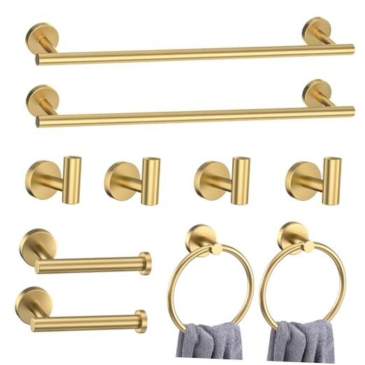 10-Piece Brushed Gold Bathroom Hardware Set Including Towel Rack