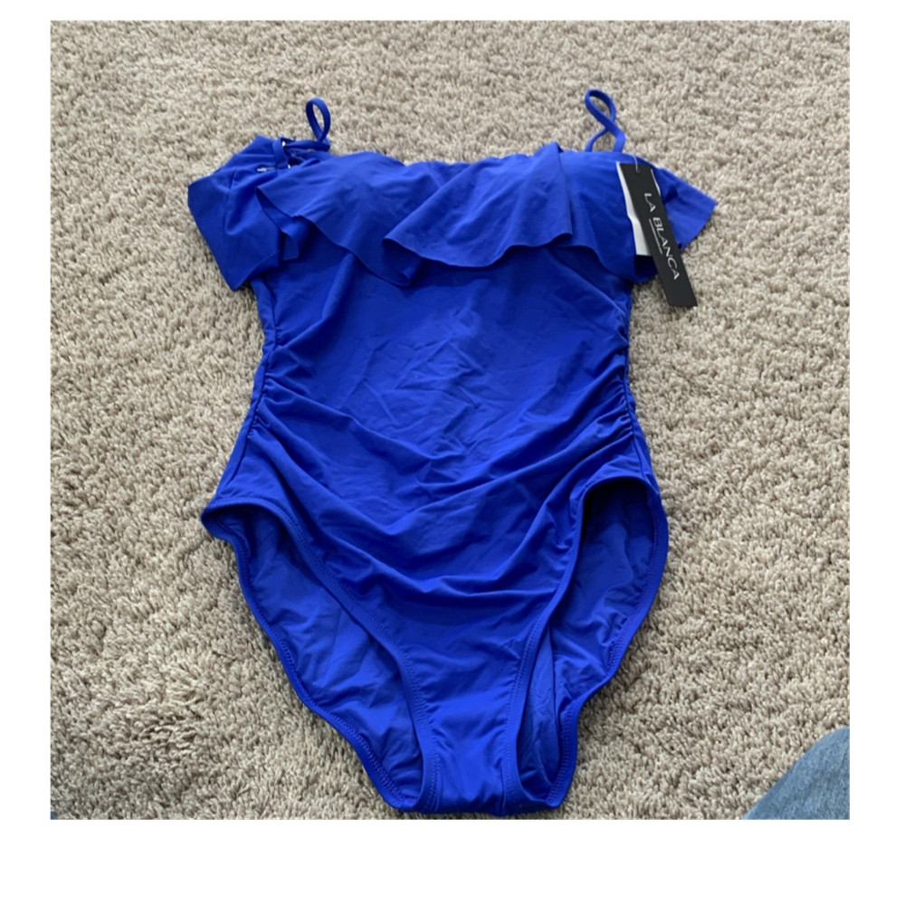 La Blanca Blue Ruffle Lace Up One Piece Swimsuit LB3ZZ20 Size 6 NWT