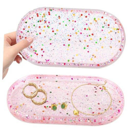 Pink Flash Resin Jewelry Tray Set - 2 Piece Ring Dish with Art