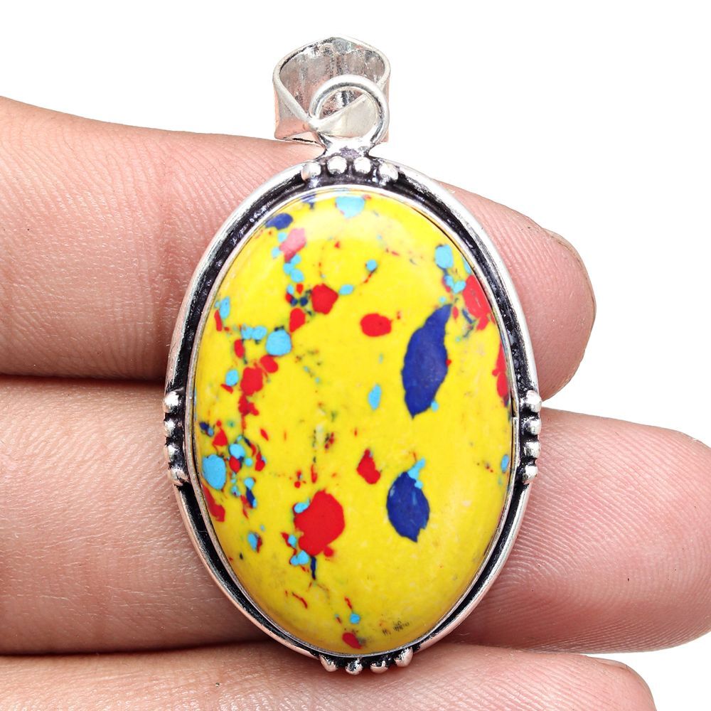 Handmade Silver Pendant with Mosaic Jasper Gemstone Gift for Her 1.75 Inch