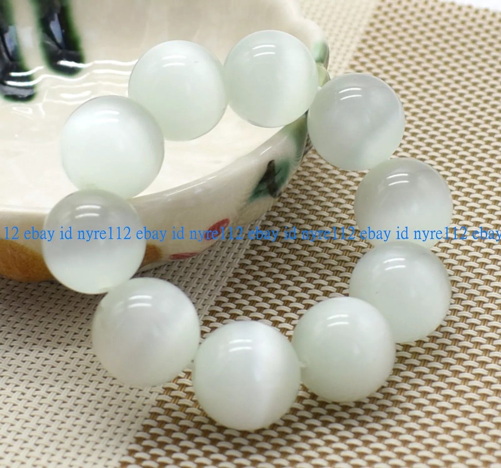 Huge 20mm Genuine White Cat's Eye Opal Round Gemstone Beads Bracelet 7.5