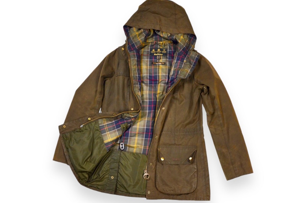 Women's Barbour Durham Jacket Wax Olive Hooded England Size 12