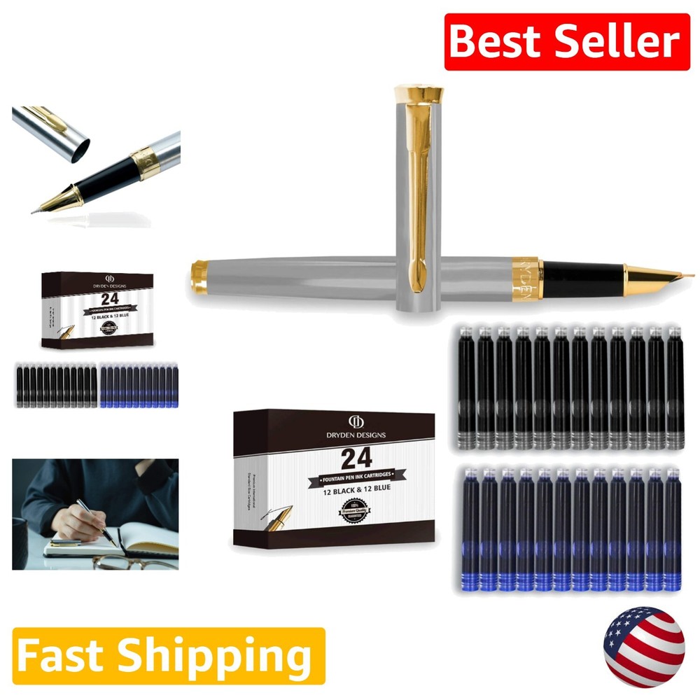 Smooth Writing Fountain Pen with Fine Nib - Includes 24 Ink Cartridges