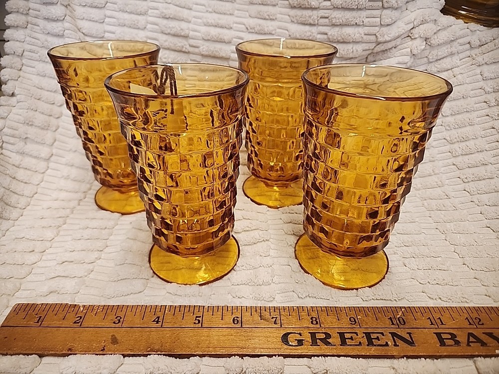 Vintage Amber Indiana Glass Whitehall Cubist Footed Highball Glasses Set of 4