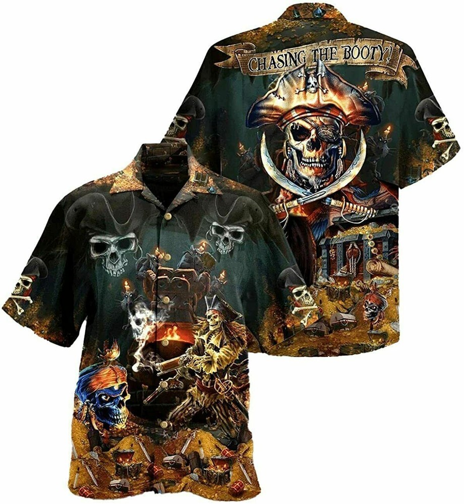 3D Hawaiian Cotton Shirt Pirates Chasing The Booty Tropical Print Cool Casual Style Hawaii Shirt for Men and Women