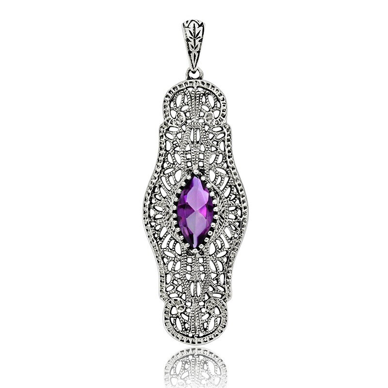 2CT Natural Amethyst 925 Sterling Silver Victorian Style Pendant Jewelry Y1356