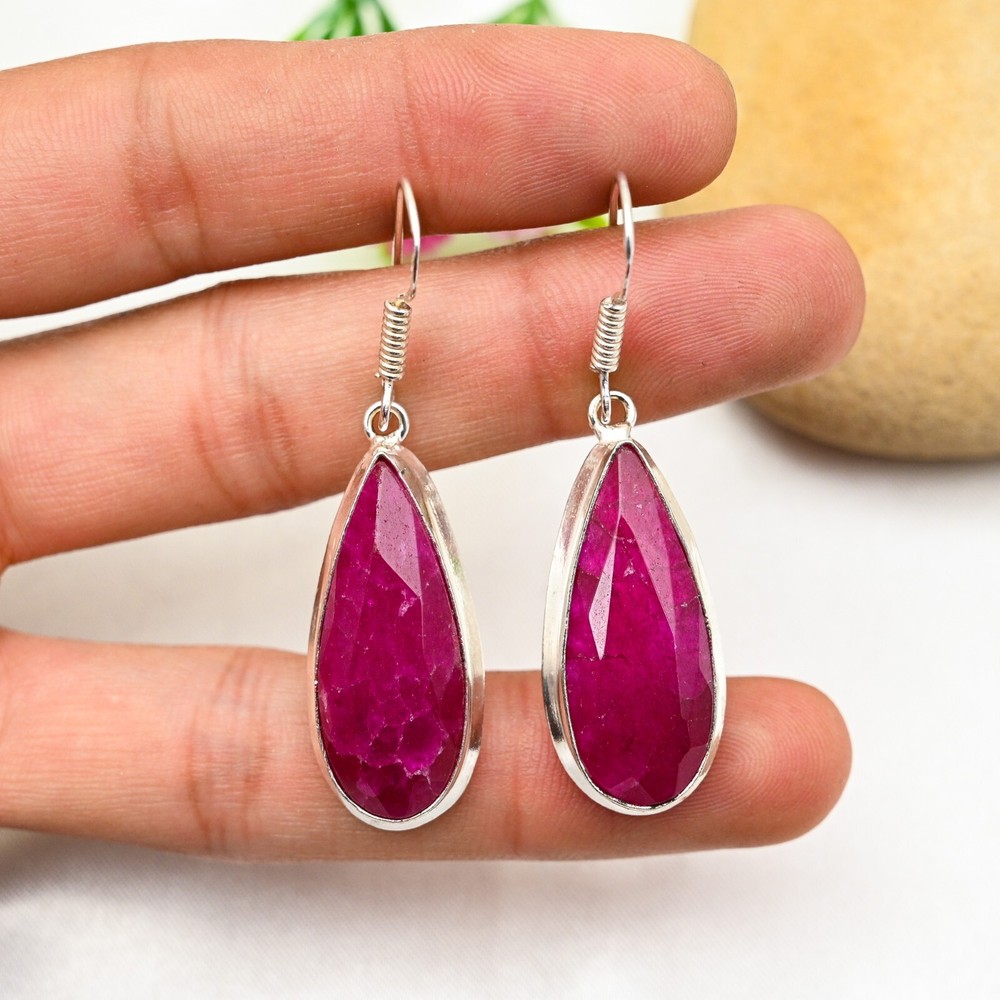 Lab-Created Ruby Dangle Earrings in 925 Sterling Silver Handmade Fashion Jewelry