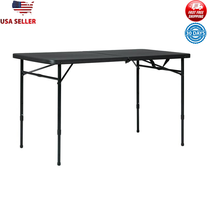 48-inch Black Resin Folding Table Easy to Clean Portable Seats 4 Adults