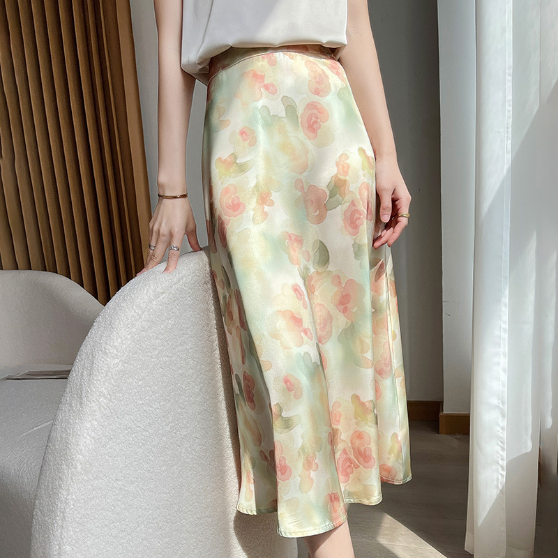 Women's Skirt Floral High-waisted Skirt Mulberry Silk A Word Summer New Loose