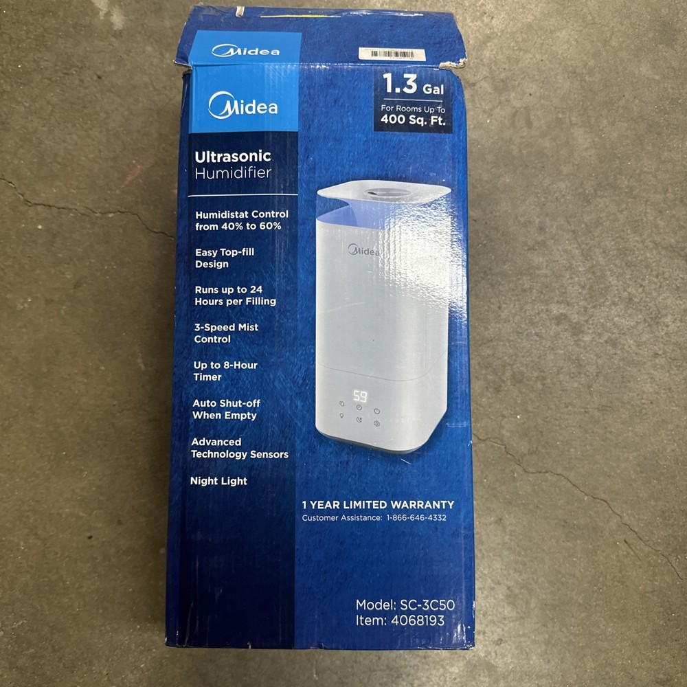 ^ Midea 1.3-Gallon Tabletop Ultrasonic Electronic Humidifier Up To 400-sq- White