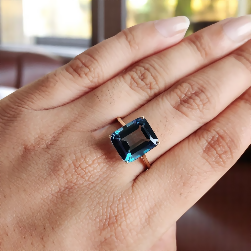 18K Yellow Gold Emerald Cut London Blue Topaz Wedding Ring 6.00 Ct Real