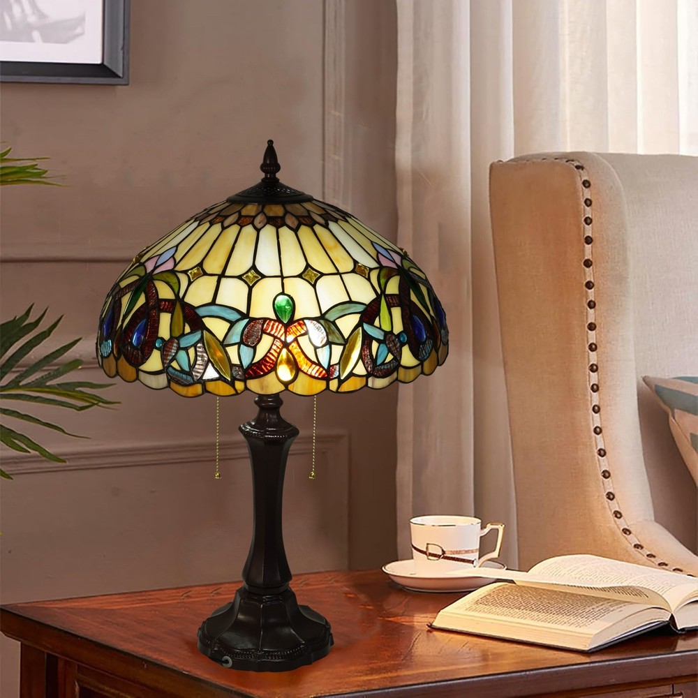 Tiffany Lamps Stained Glass Table Lamp, 2-Lights Antique Brown Red Desk Light