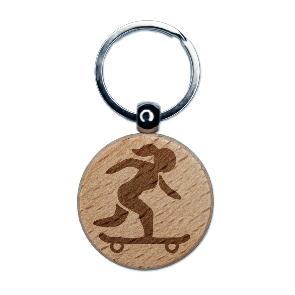 Skateboarder Woman Engraved Wooden Keychain Charm for Skate Fans  