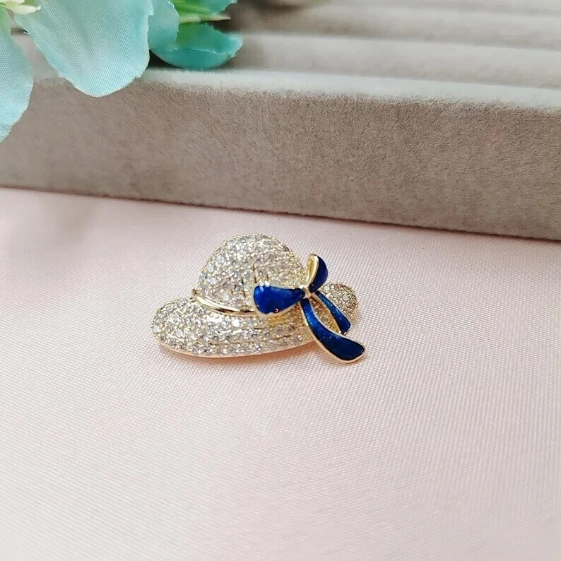 2Ct Round Cut Simulated Diamond Hat Shape brooches pins 14k Yellow gold plated